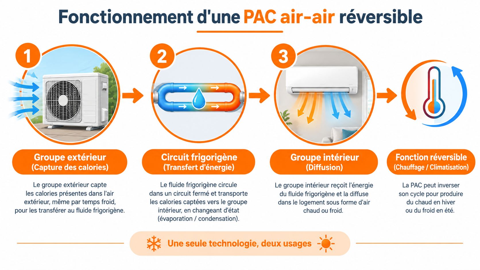 Schéma explicatif du fonctionnement d'une pompe à chaleur air-air réversible, montrant les étapes du cycle thermique.