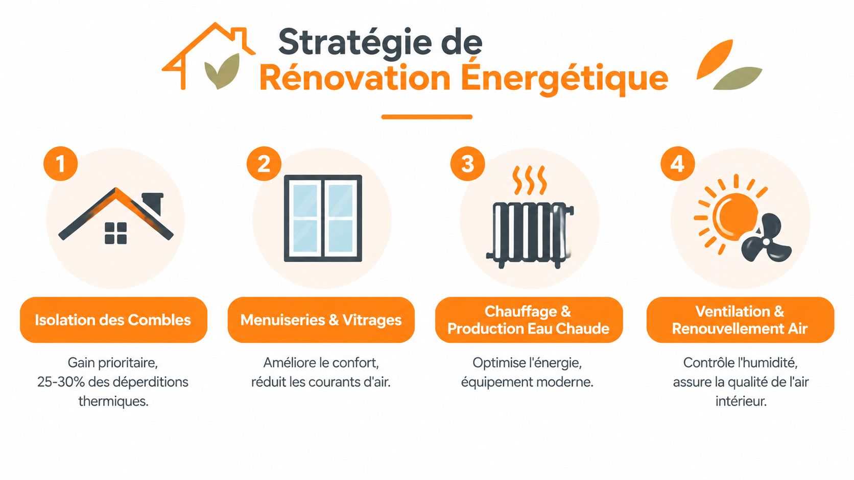 Une infographie illustrant les quatre étapes clés d'une stratégie de rénovation énergétique performante pour les maisons.