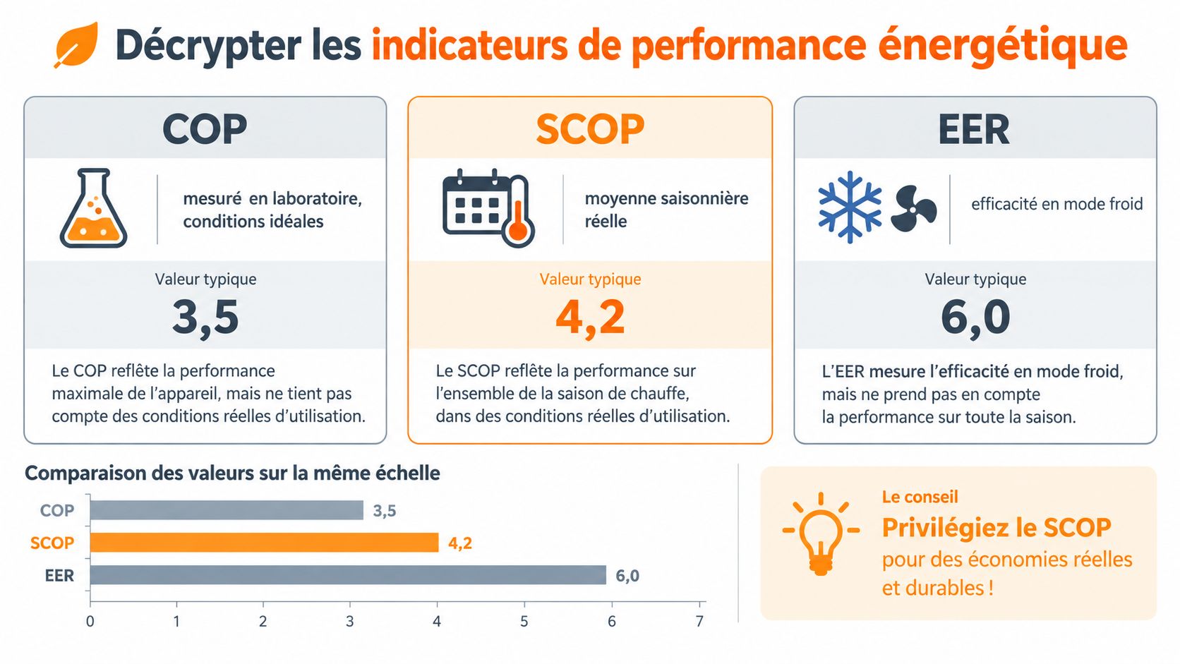 Infographie explicative comparant les indicateurs de performance énergétique COP, SCOP et EER pour les pompes à chaleur.