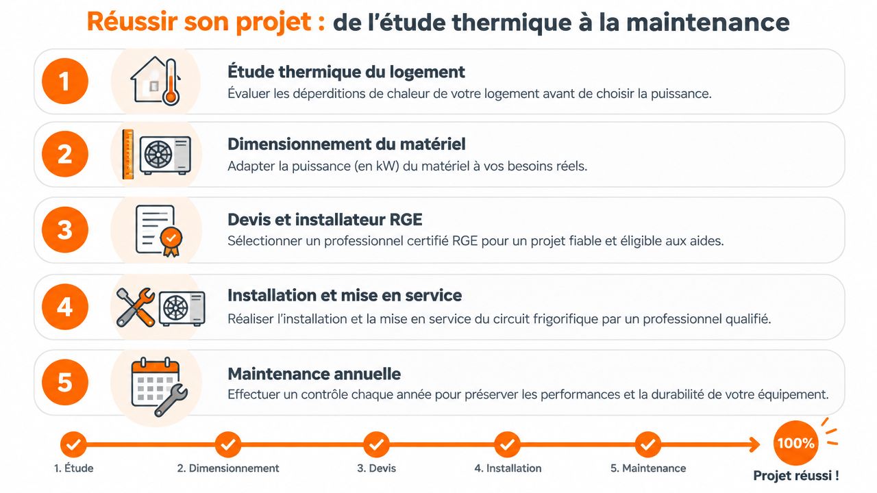 Infographie illustrant les cinq étapes clés pour réussir l'installation et la maintenance d'une pompe à chaleur