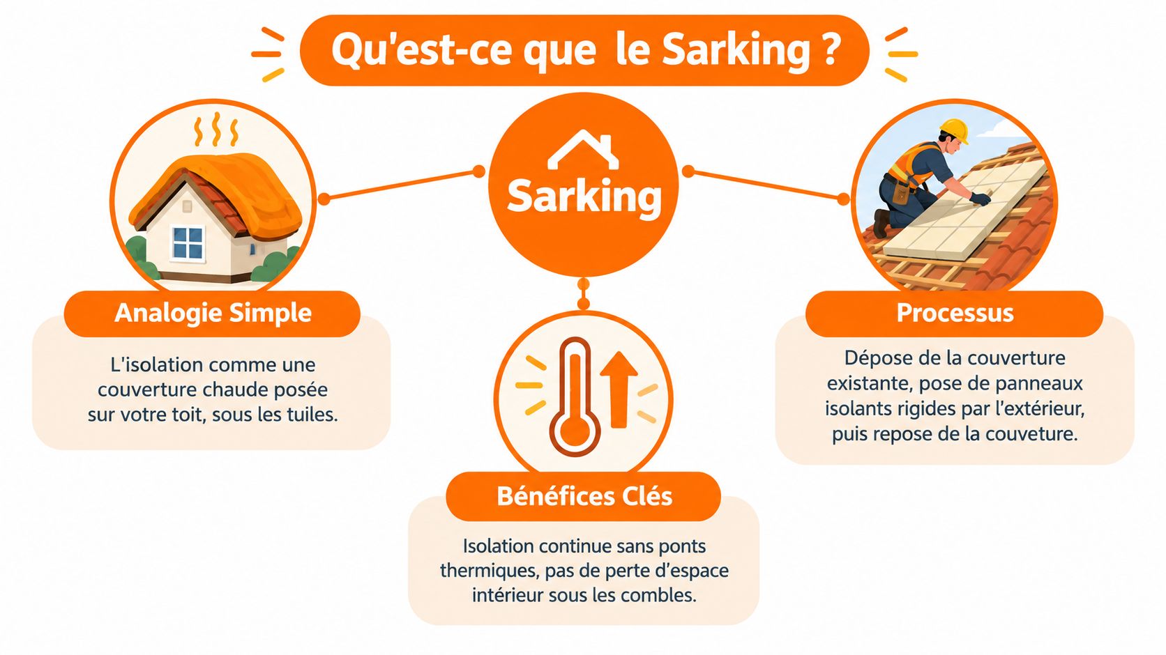 Infographie explicative présentant la technique d'isolation de toiture par l'extérieur appelée Sarking avec ses bénéfices.