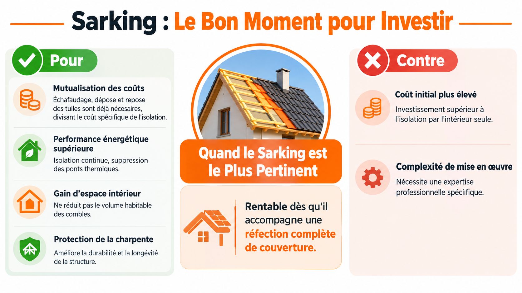 Infographie montrant les avantages et les inconvénients de la méthode d'isolation de toiture par sarking.