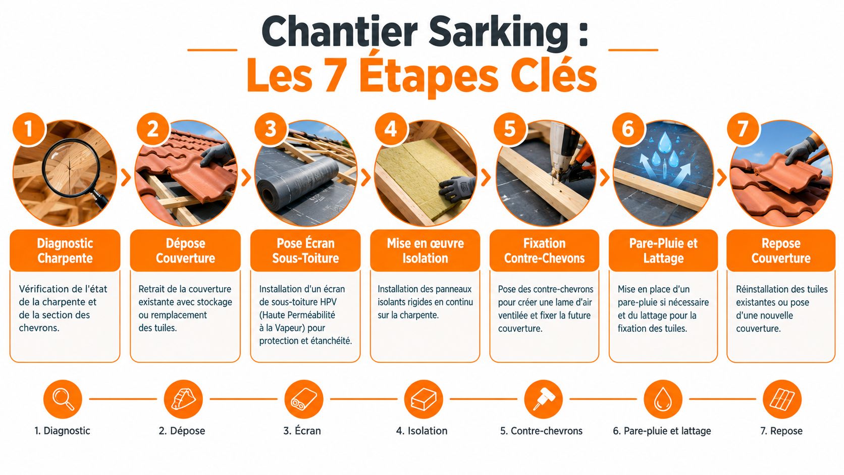 Infographie illustrant les 7 étapes clés de la méthode d'isolation de toiture par l'extérieur appelée Sarking.