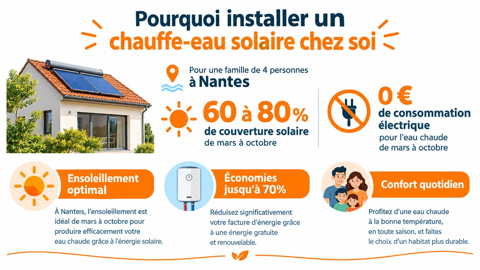 Infographie illustrant les avantages d'un chauffe-eau solaire pour une maison individuelle à Nantes avec des économies d'énergie.