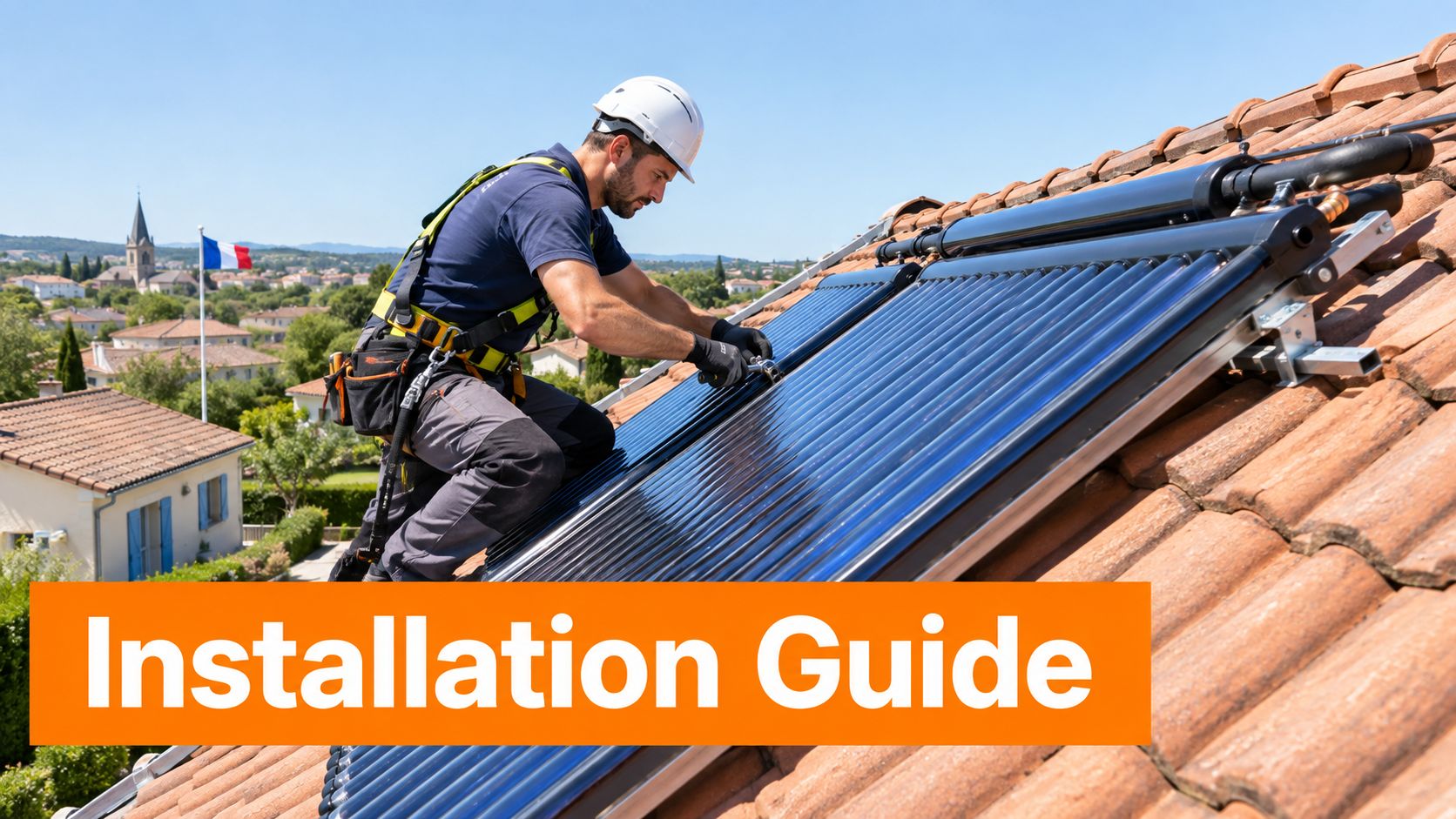 Un technicien qualifié en équipement de sécurité installe un chauffe-eau solaire sur le toit d'une maison.