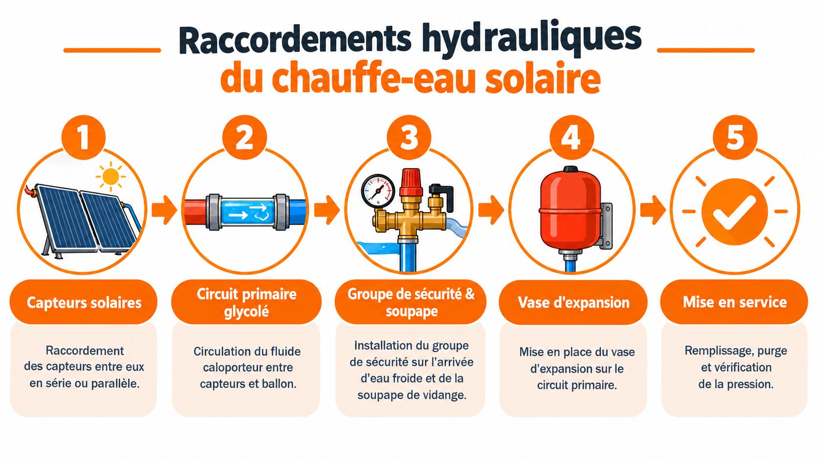 Schéma explicatif des cinq étapes du raccordement hydraulique d'un système de chauffe-eau solaire domestique.