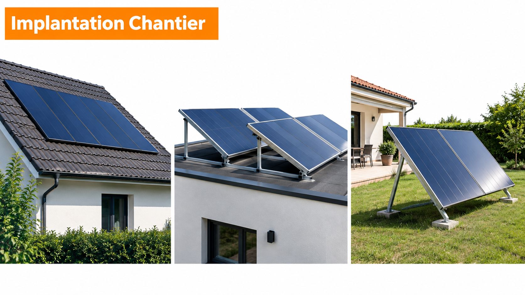 Différentes méthodes d'installation de panneaux solaires : sur toit incliné, toit plat ou directement au sol.