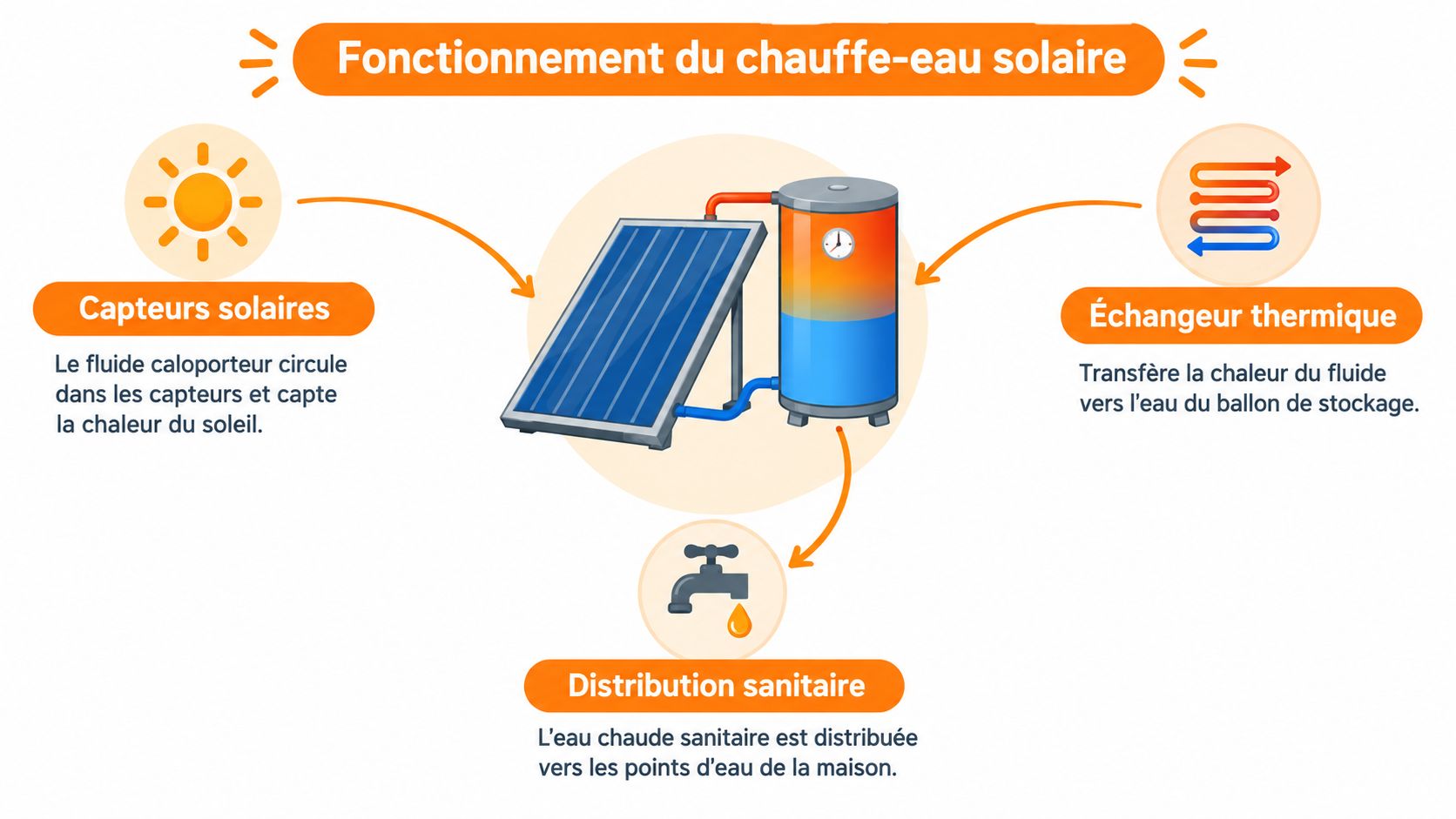 Schéma illustrant le fonctionnement d'un chauffe-eau solaire, incluant les capteurs, l'échangeur thermique et la distribution d'eau chaude.