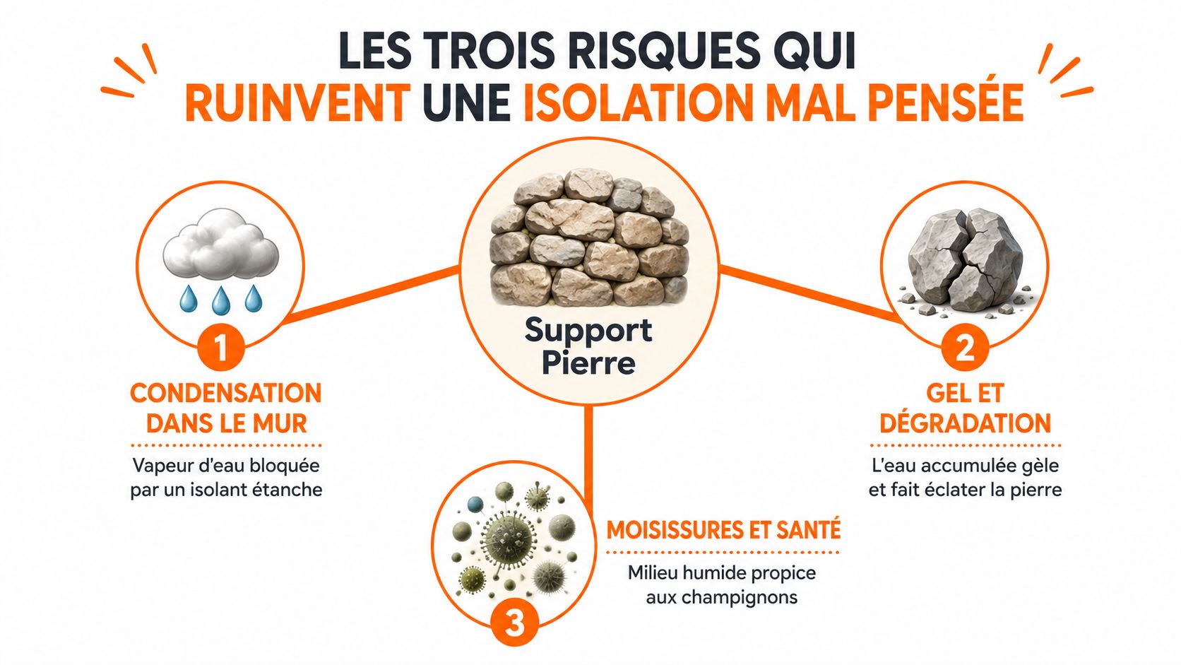 Schéma illustrant les trois risques majeurs liés à une mauvaise isolation d'un mur en pierre.