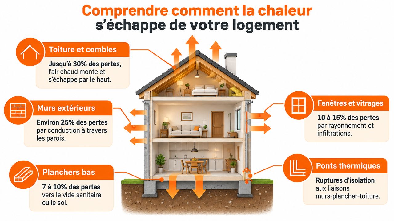 Schéma illustrant les principales sources de déperdition thermique dans une maison individuelle par zones isolées.