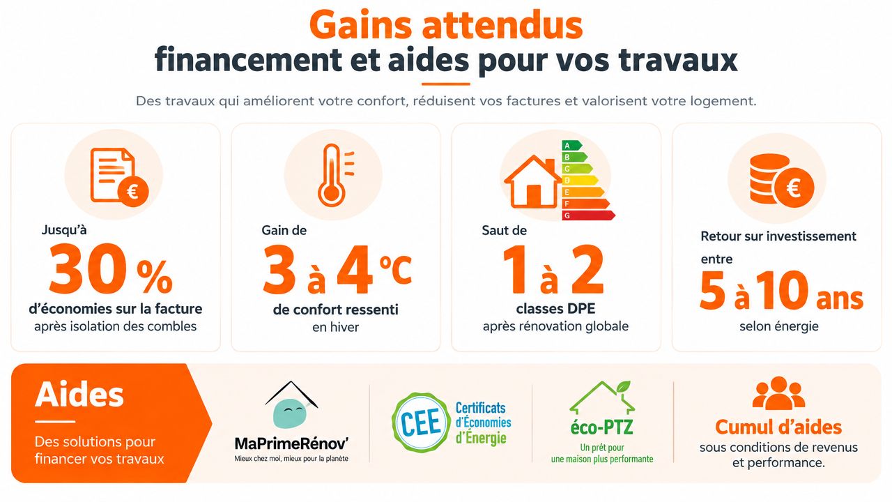 Infographie présentant les gains et les aides financières disponibles pour les travaux de rénovation énergétique de votre logement.