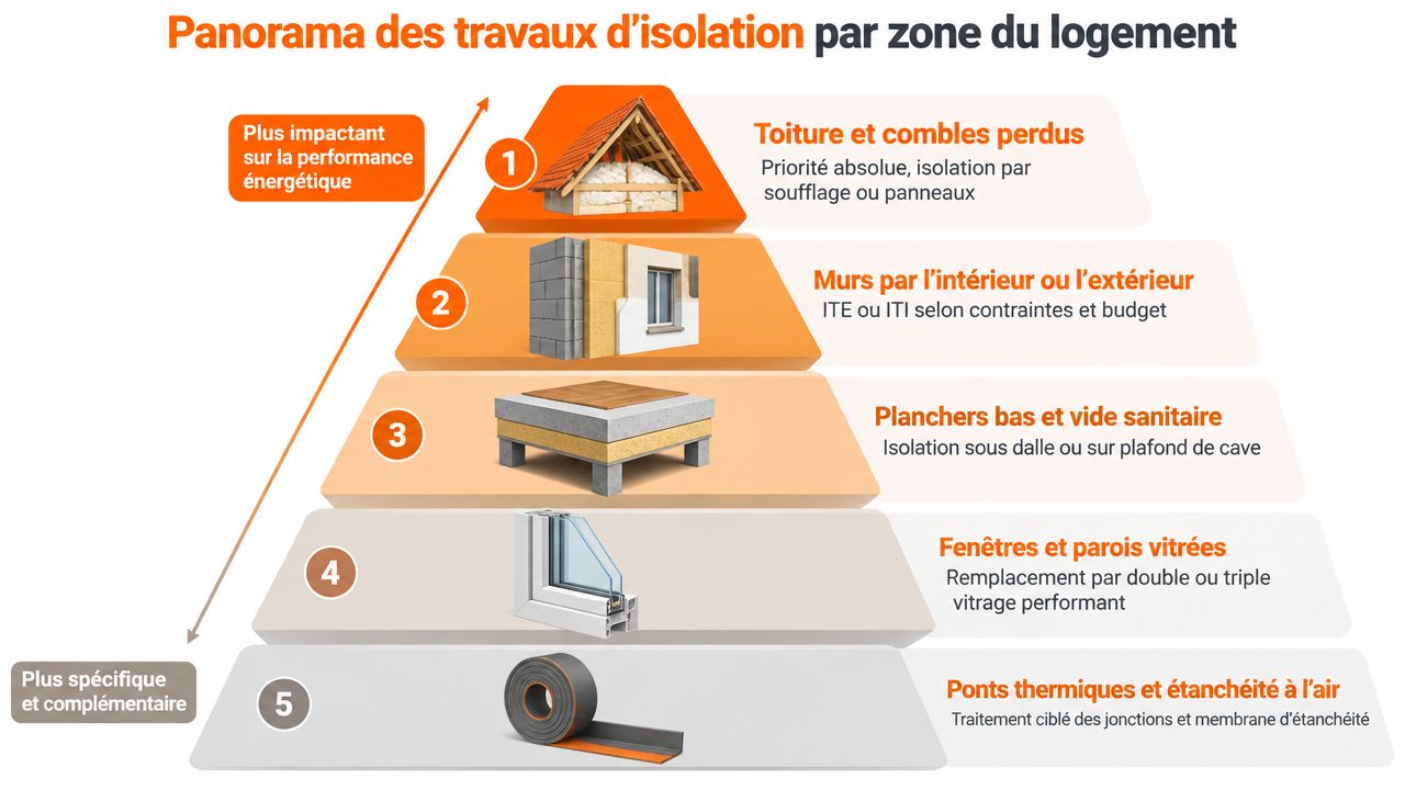 Une pyramide illustrant les priorités des travaux d'isolation thermique pour améliorer la performance énergétique du logement.