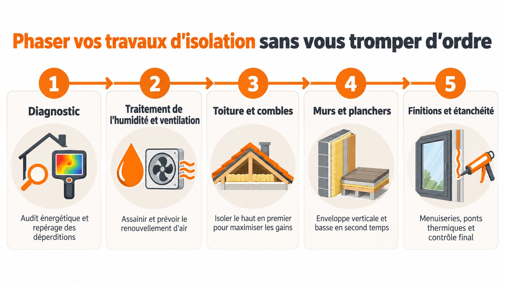 Infographie illustrant les cinq étapes chronologiques pour réussir ses travaux d'isolation thermique de manière efficace.