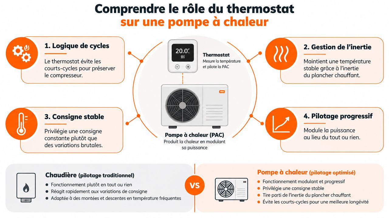 Schéma explicatif montrant le rôle du thermostat pour optimiser le fonctionnement d'une pompe à chaleur domestique.