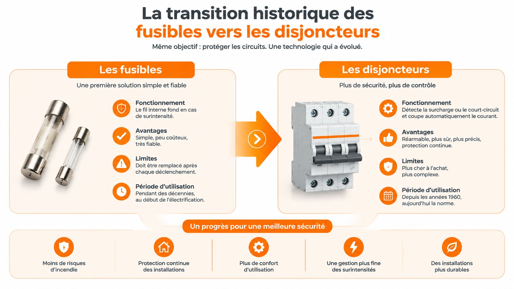 Comparaison entre les anciens fusibles et les nouveaux disjoncteurs pour la protection des circuits électriques domestiques.