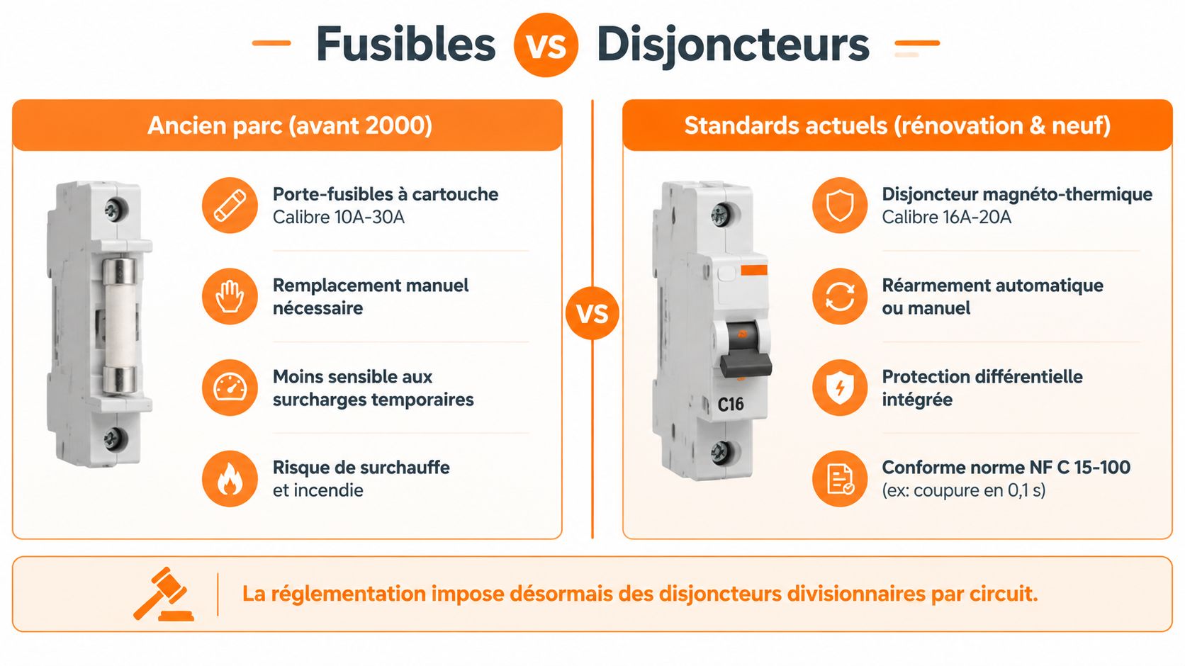 Comparaison entre les anciens fusibles électriques et les disjoncteurs magnéto-thermiques modernes utilisés dans les installations domestiques.