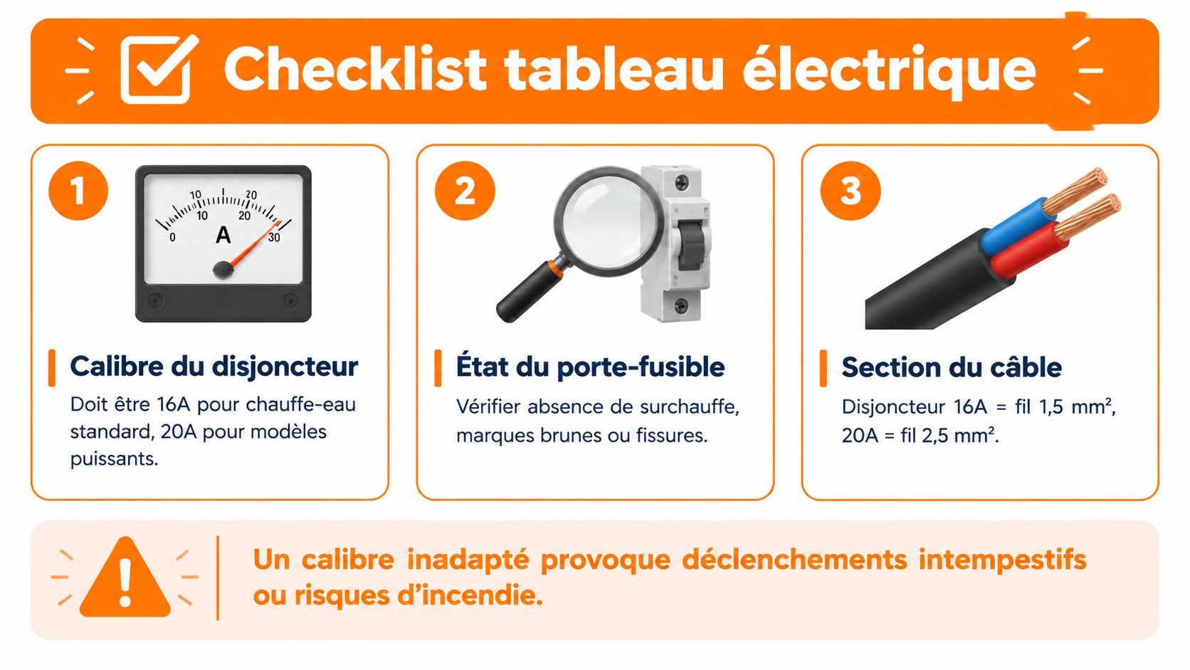 Une checklist pour le tableau électrique illustrant le disjoncteur, le fusible et la section de câble.
