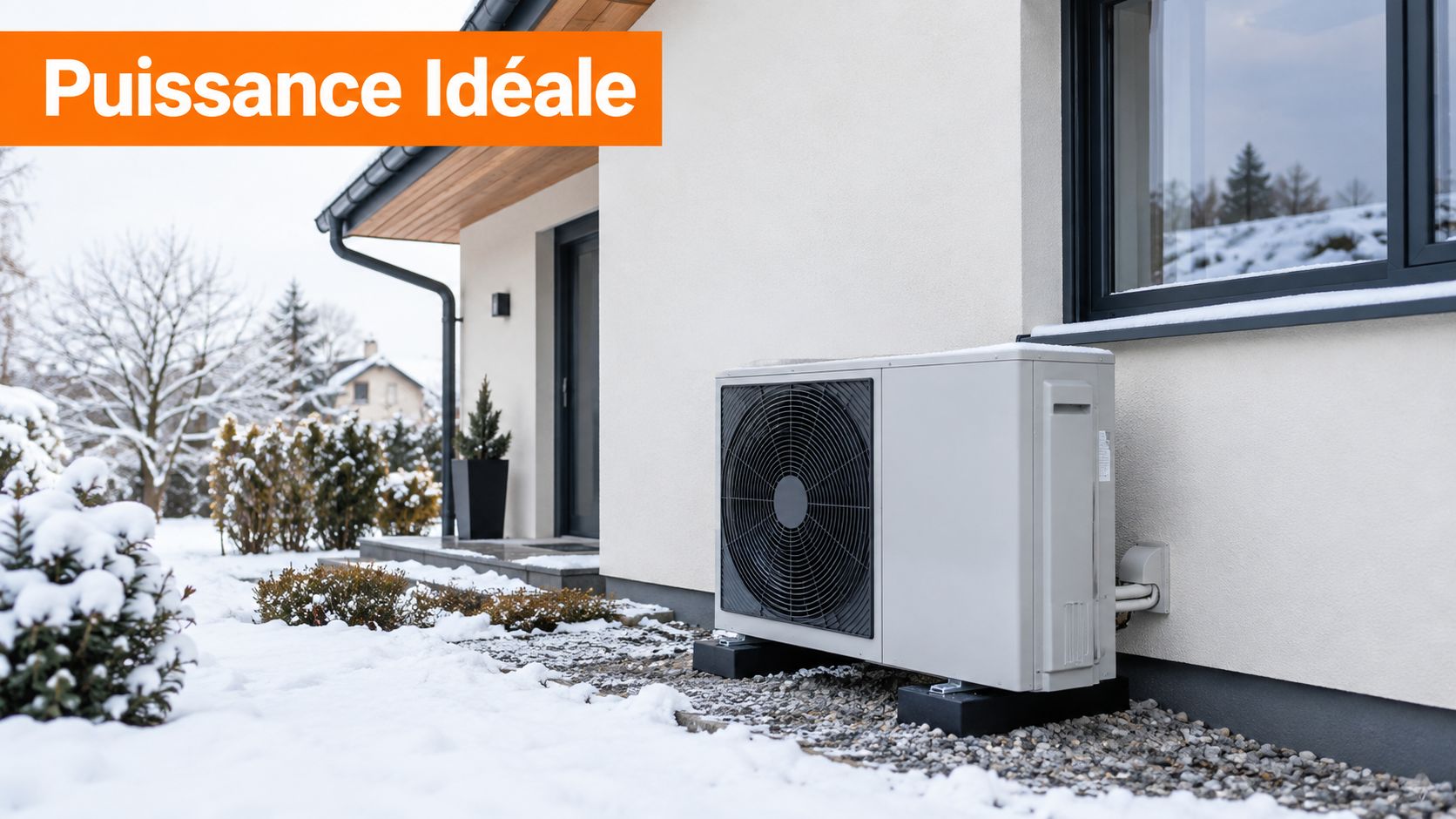 Une pompe à chaleur installée près d'une maison moderne pendant une journée d'hiver enneigée et froide.