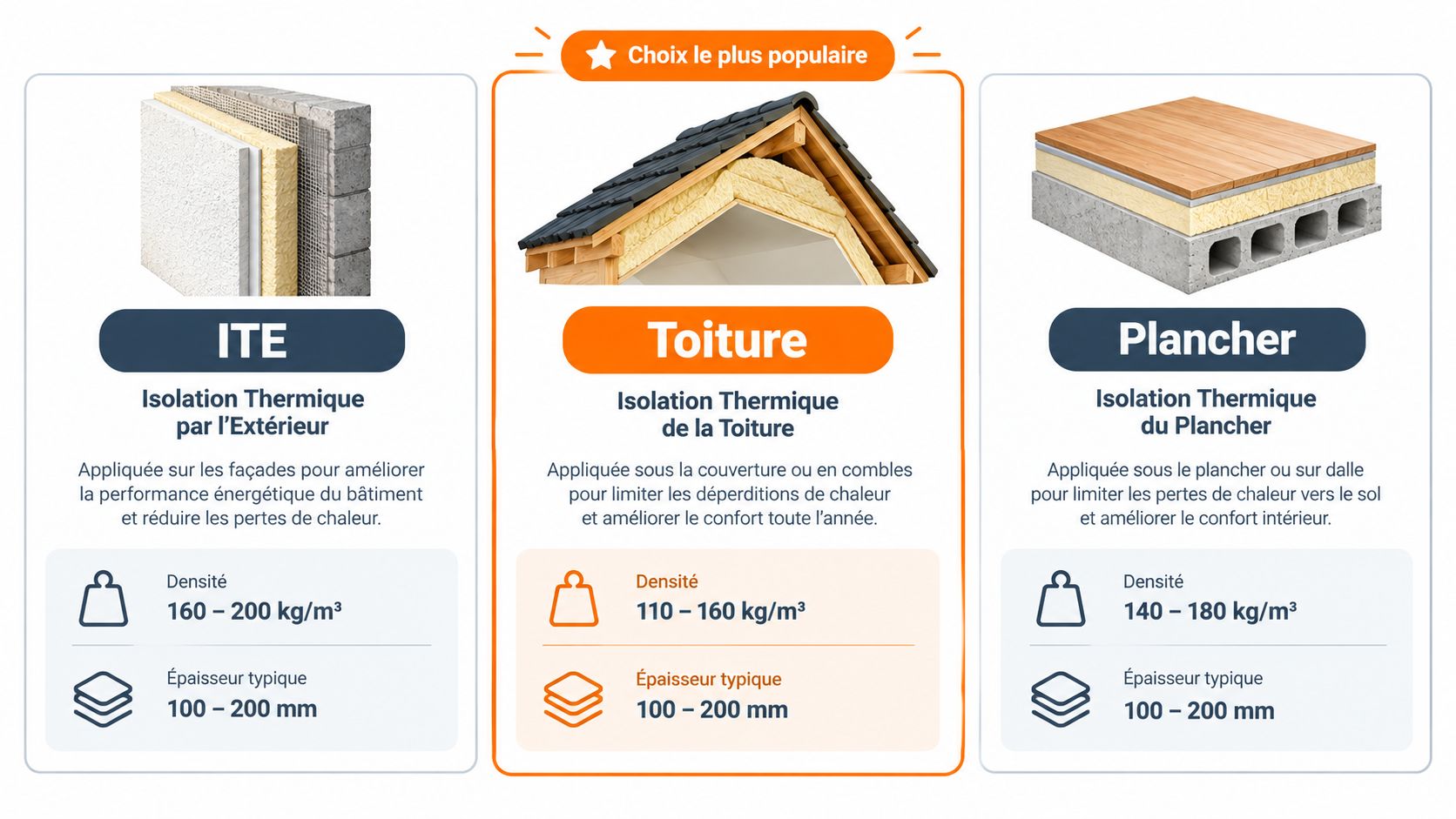 Comparaison des solutions d'isolation thermique en fibre de bois pour l'ITE, la toiture et les planchers.