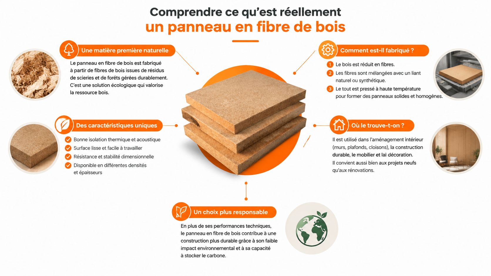 Infographie explicative sur la fabrication, les caractéristiques et les usages des panneaux en fibre de bois.
