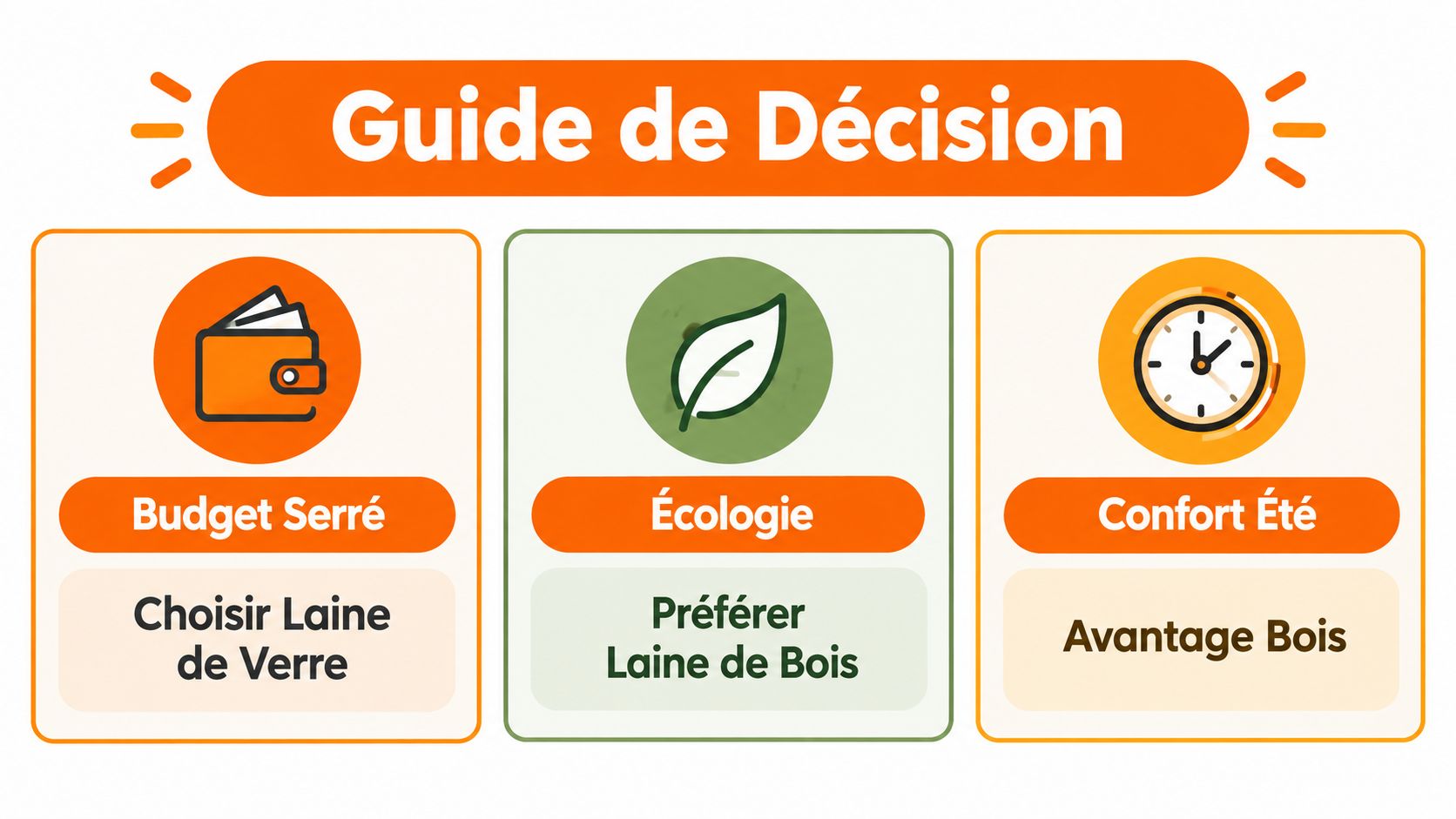 Guide de décision illustrant le choix entre laine de verre et laine de bois selon vos priorités.