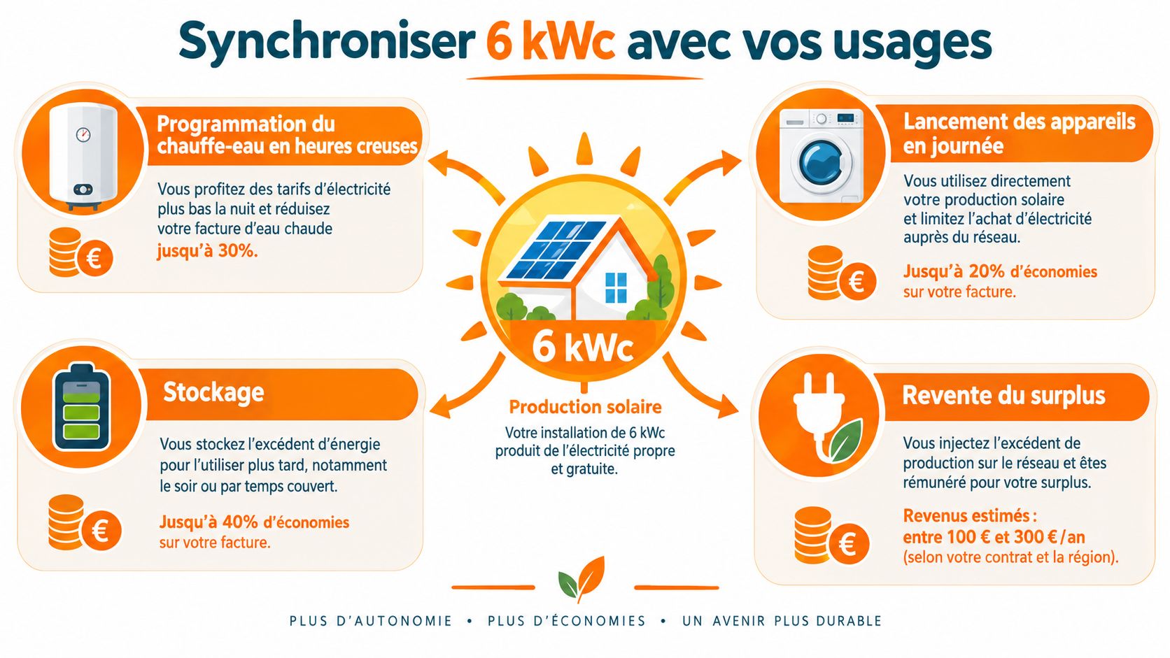 Infographie montrant comment optimiser l'utilisation de vos panneaux solaires de 6 kWc pour réaliser des économies d'énergie.