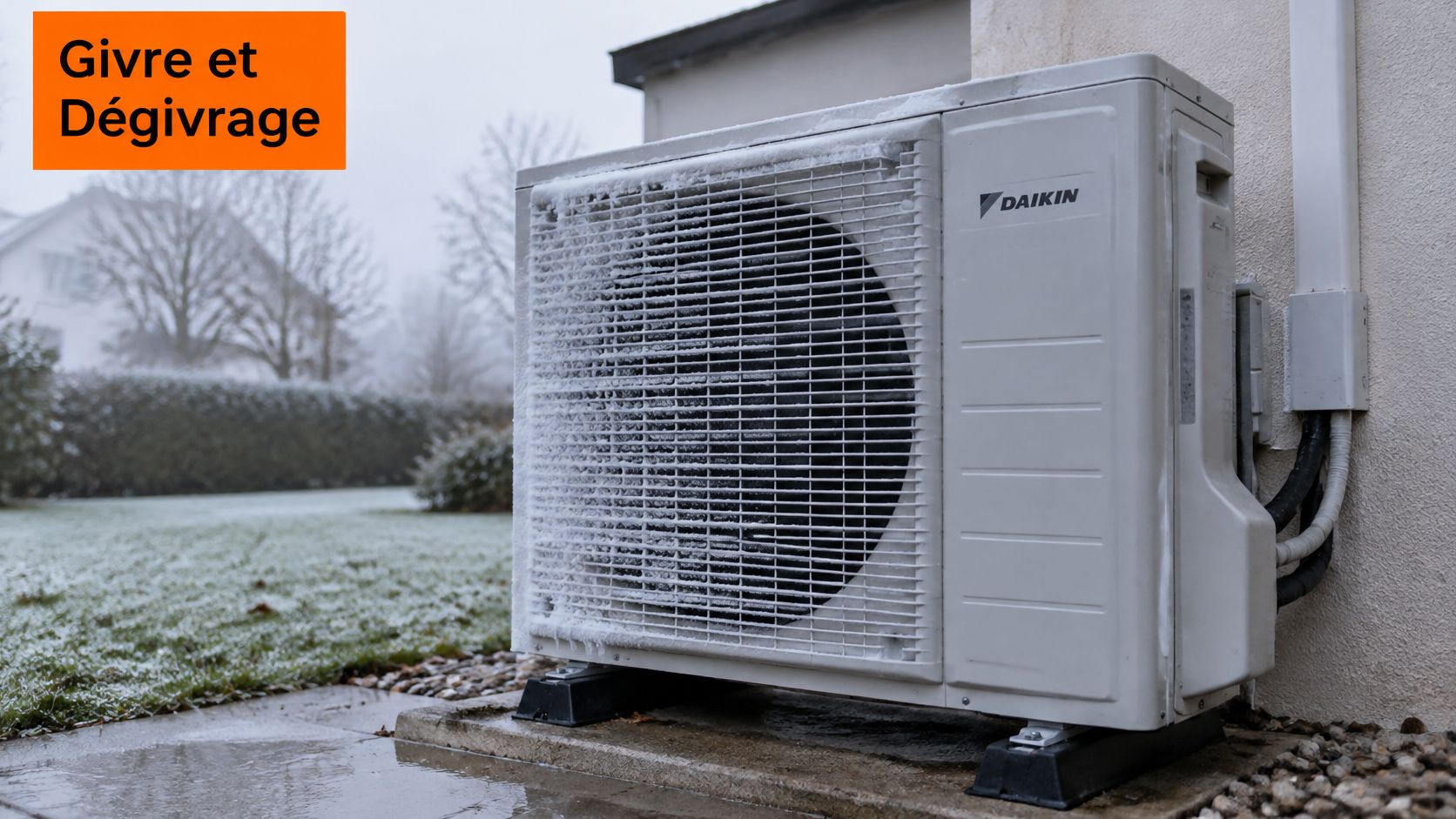 Une unité extérieure de pompe à chaleur Daikin couverte de givre installée à l'extérieur d'une maison.