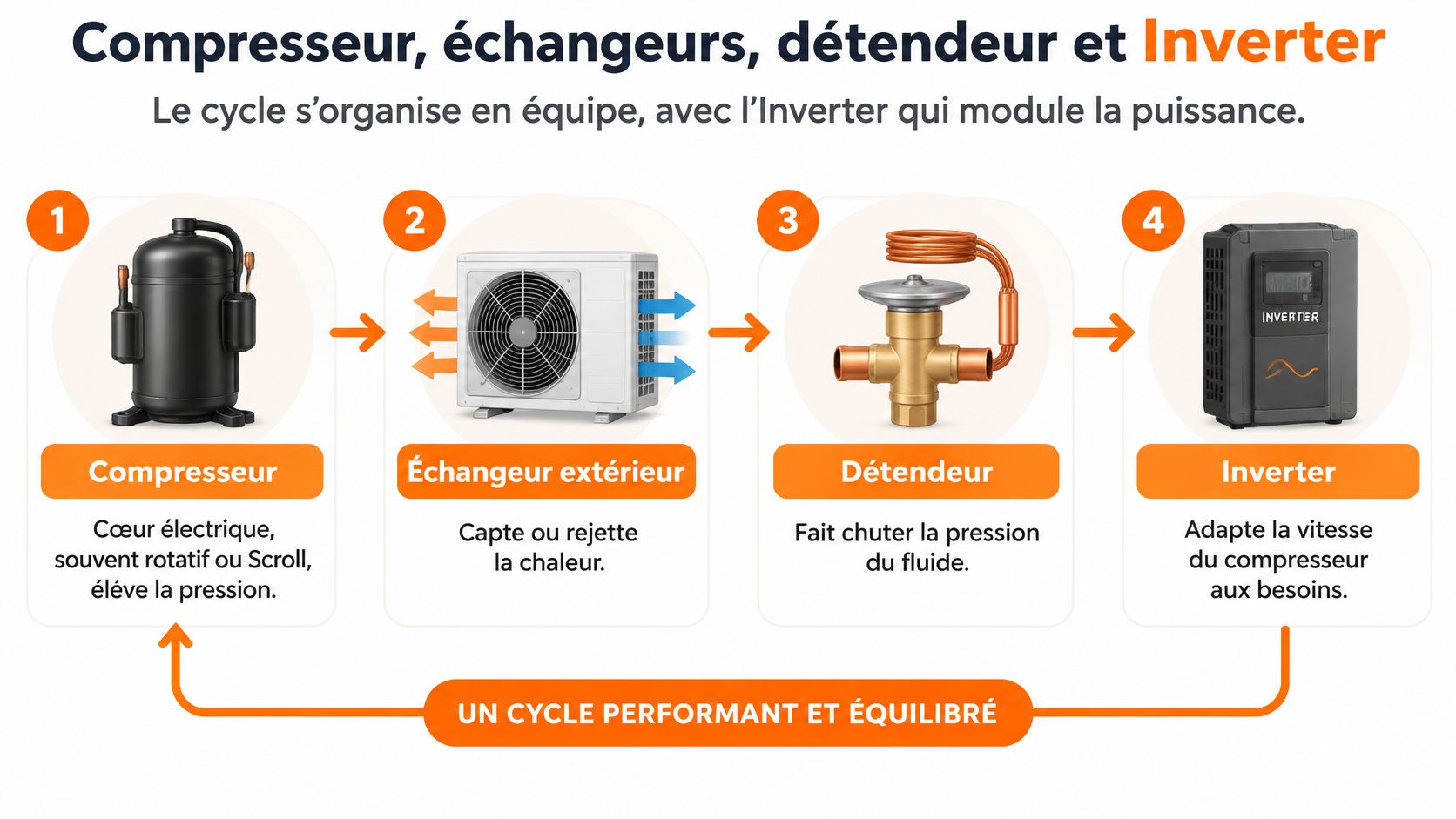 Schéma illustrant le fonctionnement d'une pompe à chaleur avec ses quatre composants principaux : compresseur, échangeur, détendeur et inverter.
