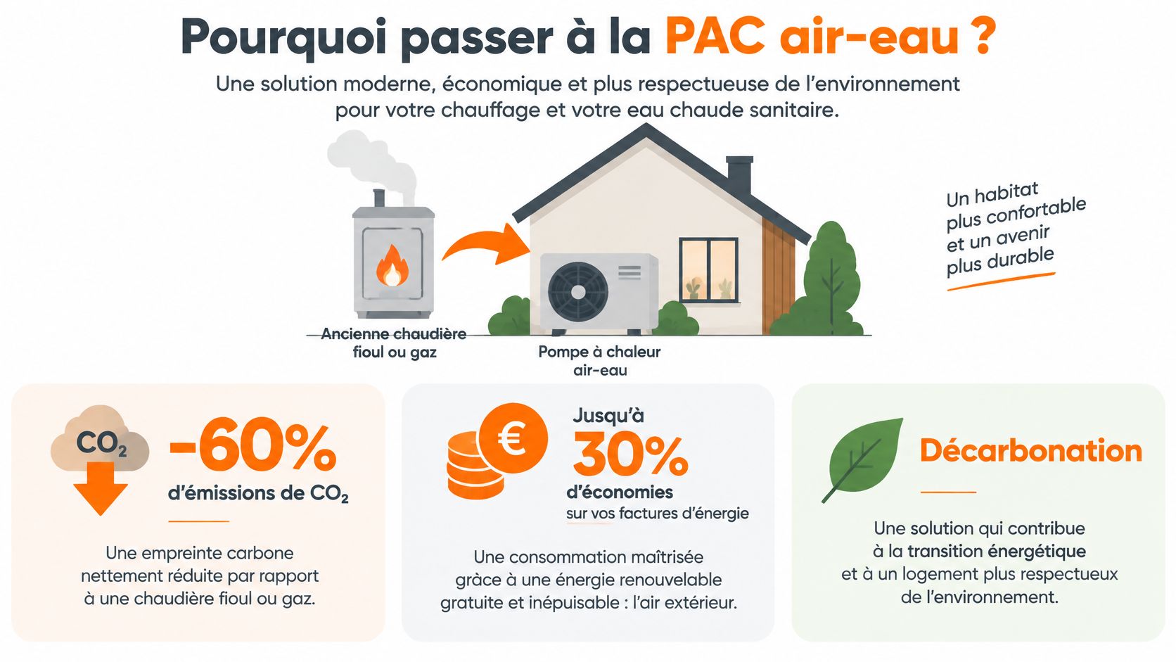 Illustration montrant les avantages économiques et environnementaux du remplacement d'une ancienne chaudière par une pompe à chaleur air-eau.