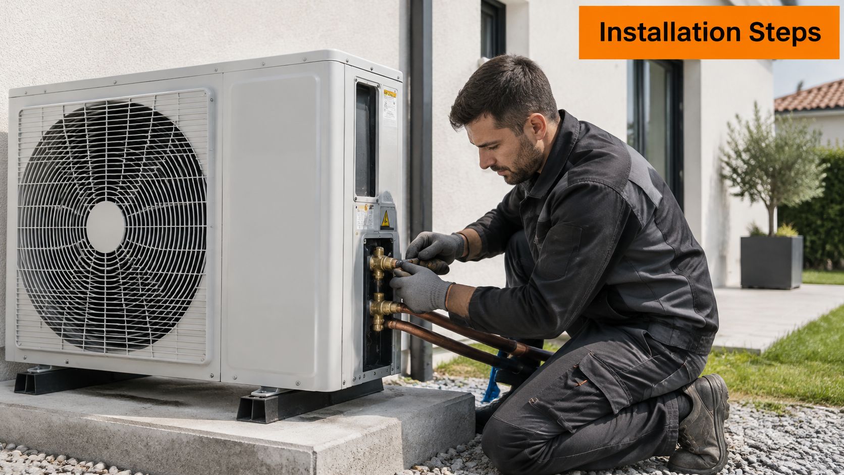Un technicien professionnel installe une unité extérieure de pompe à chaleur air-eau dans un jardin résidentiel.