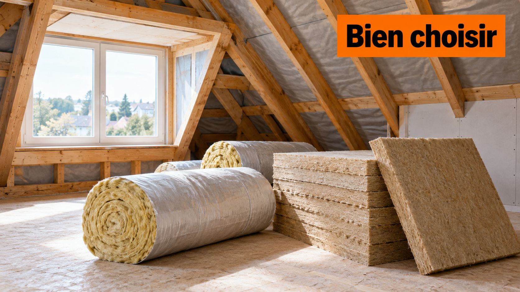 Des matériaux d'isolation thermique pour combles sous toiture disposés dans un grenier aménageable en construction.
