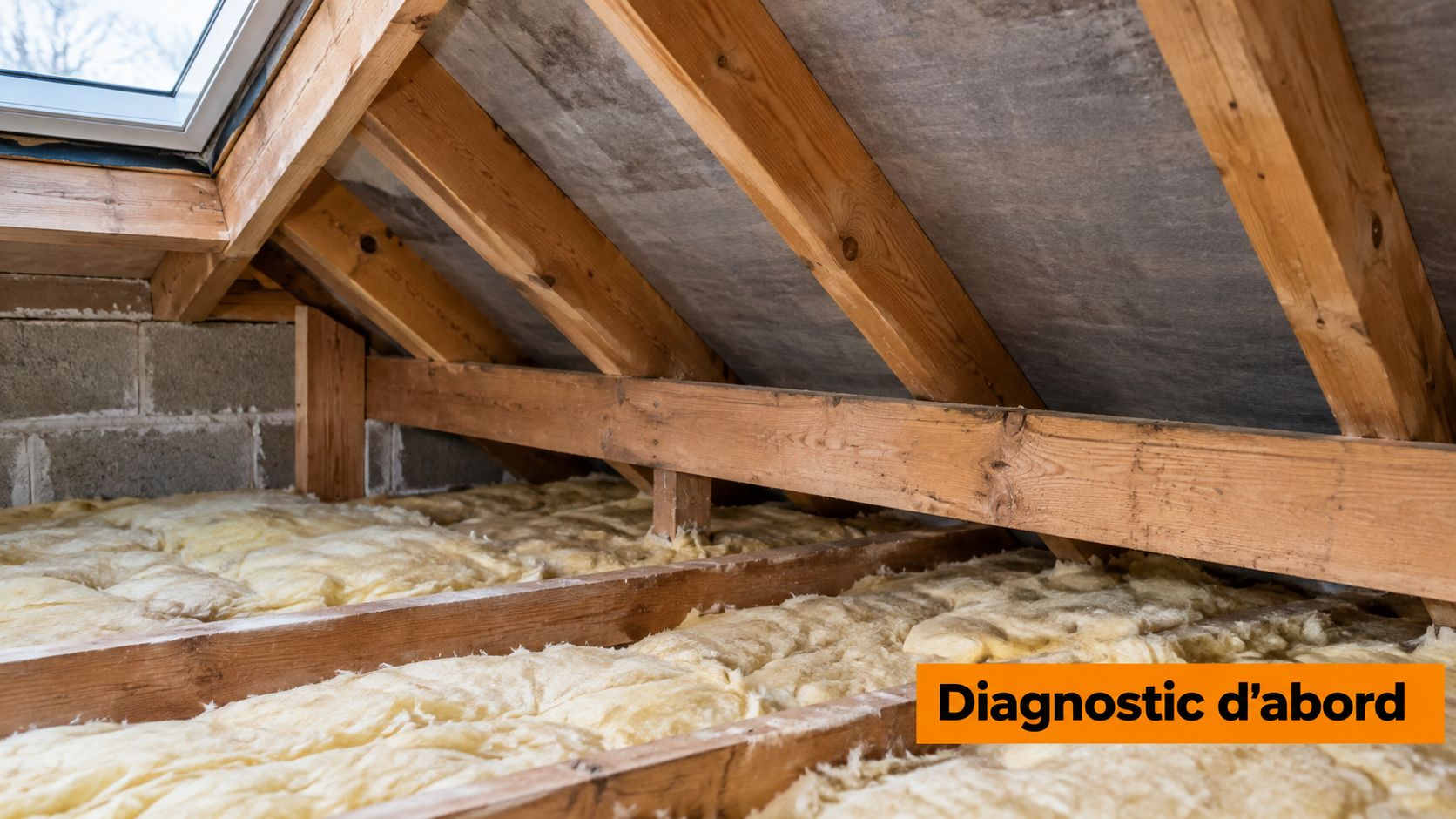 Vue intérieure des combles avec charpente en bois et isolation thermique installée au sol sous toiture.