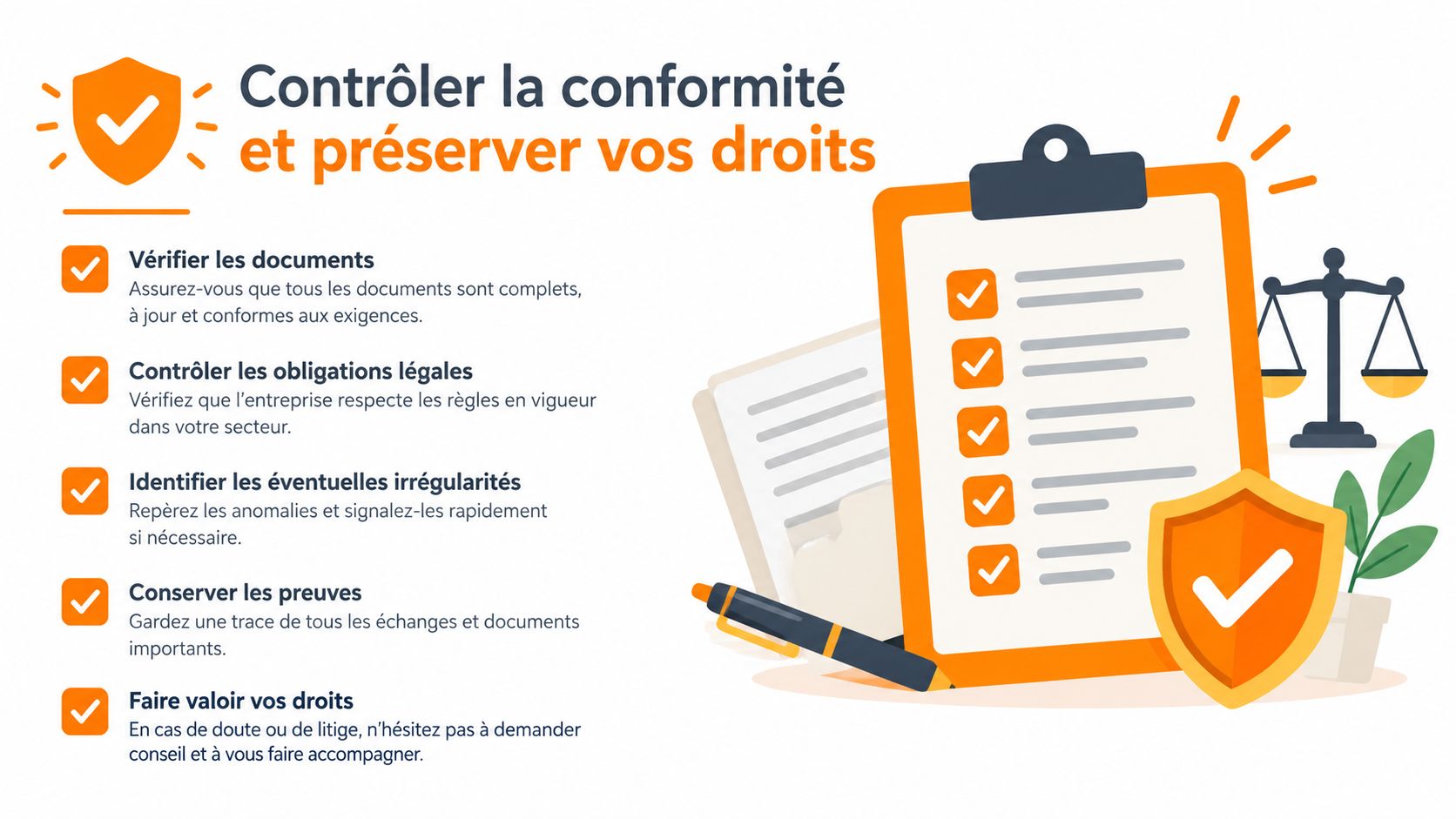 Une infographie sur le respect de la conformité et la protection des droits en entreprise.