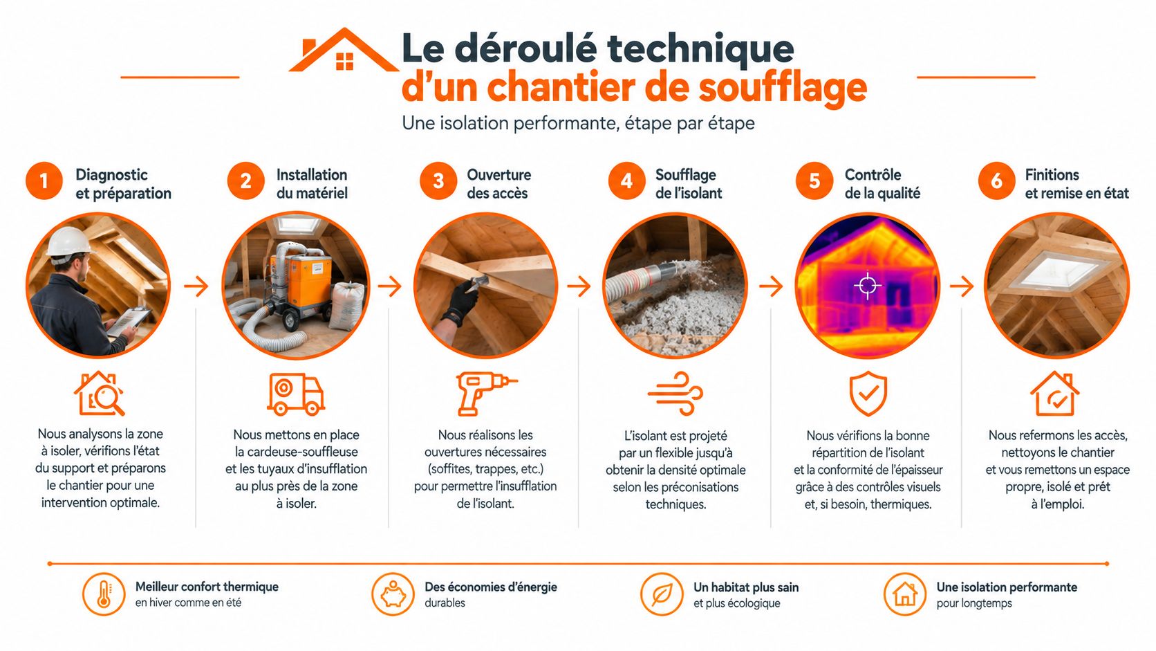 Infographie illustrant les six étapes techniques du processus d'isolation des combles perdus par soufflage mécanique.