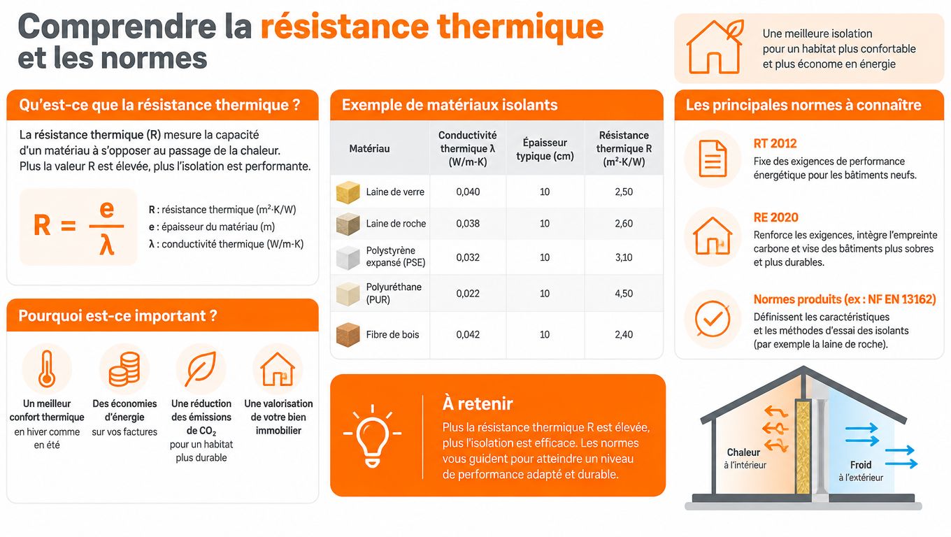 Infographie explicative sur la résistance thermique, le calcul du coefficient R et les normes d'isolation des bâtiments.