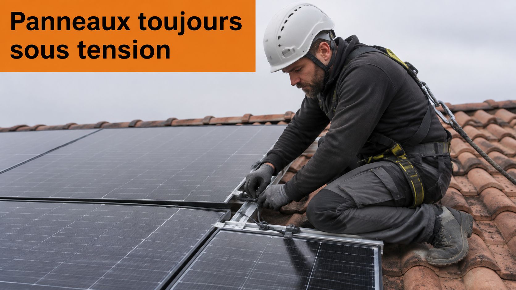 Un technicien qualifié en équipement de sécurité installant ou réparant des panneaux solaires photovoltaïques sur un toit.