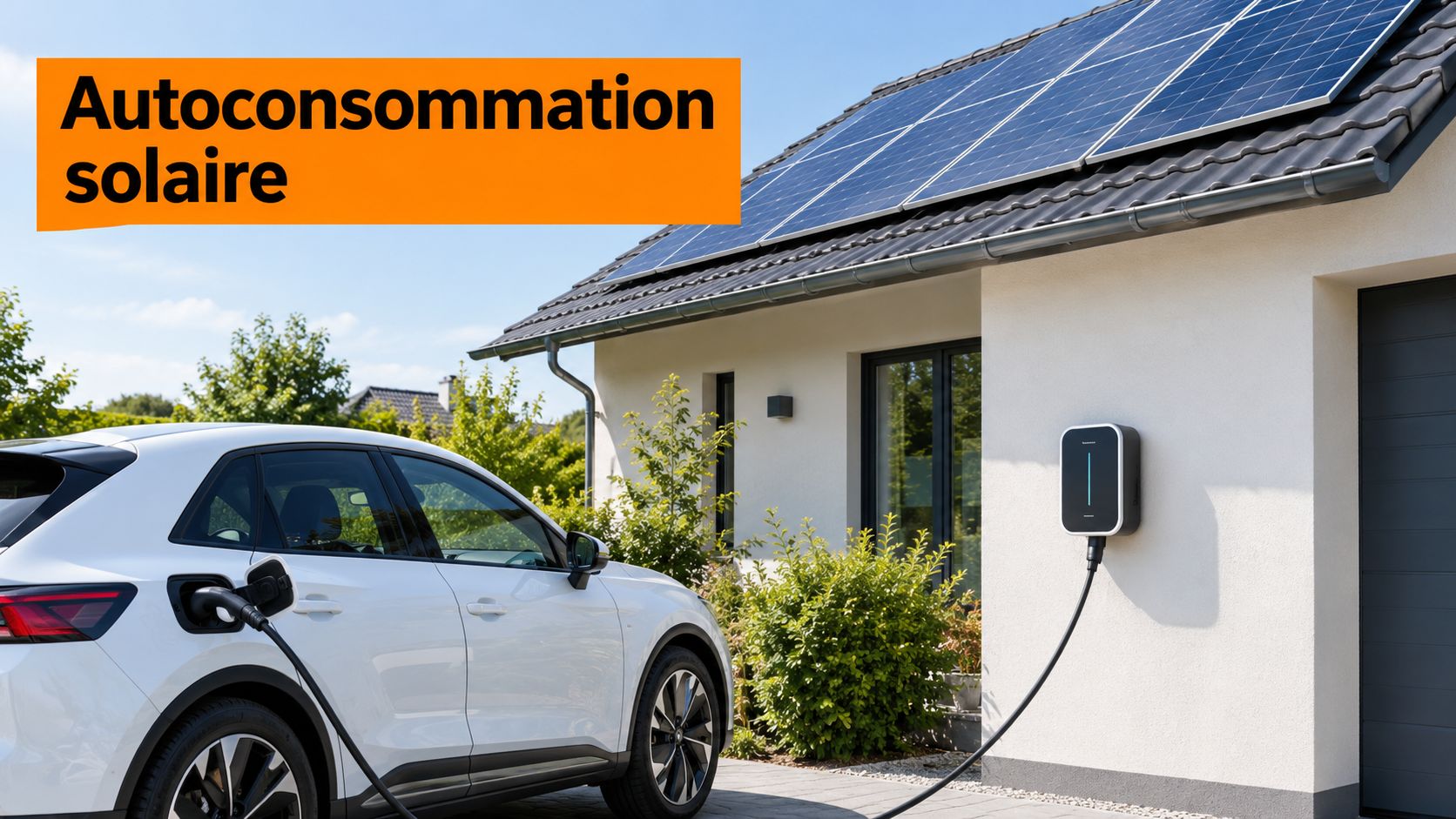 Une voiture électrique blanche en train de charger devant une maison avec des panneaux solaires sur le toit.