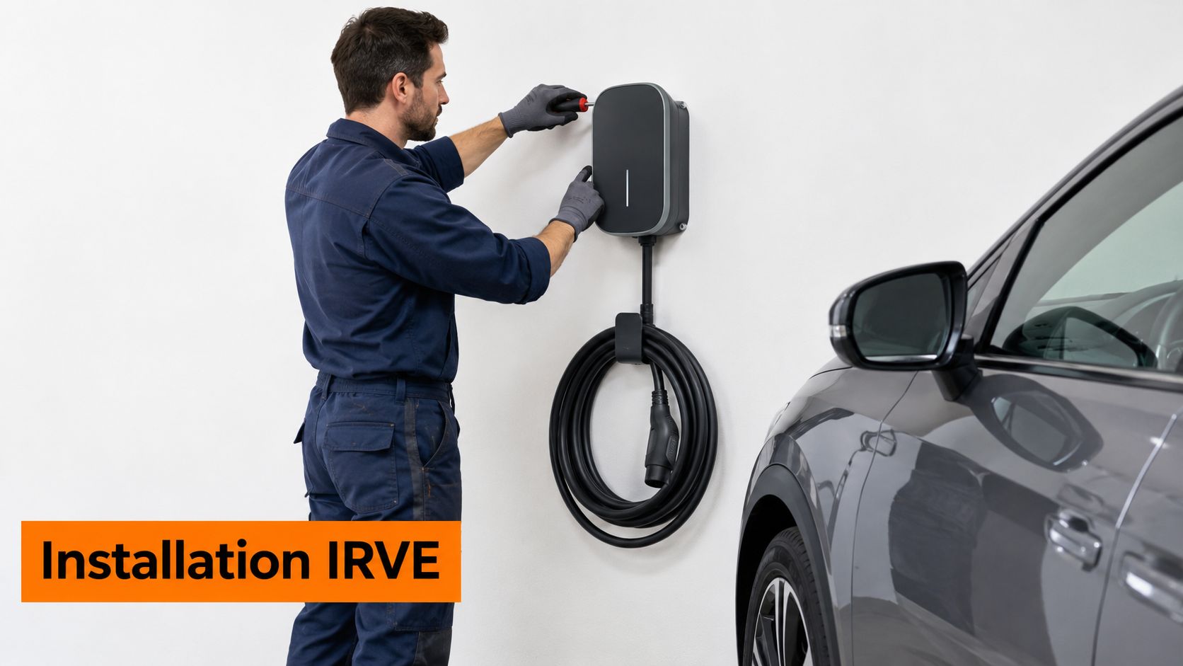 Un technicien qualifié en uniforme installe une borne de recharge pour voiture électrique sur un mur blanc.