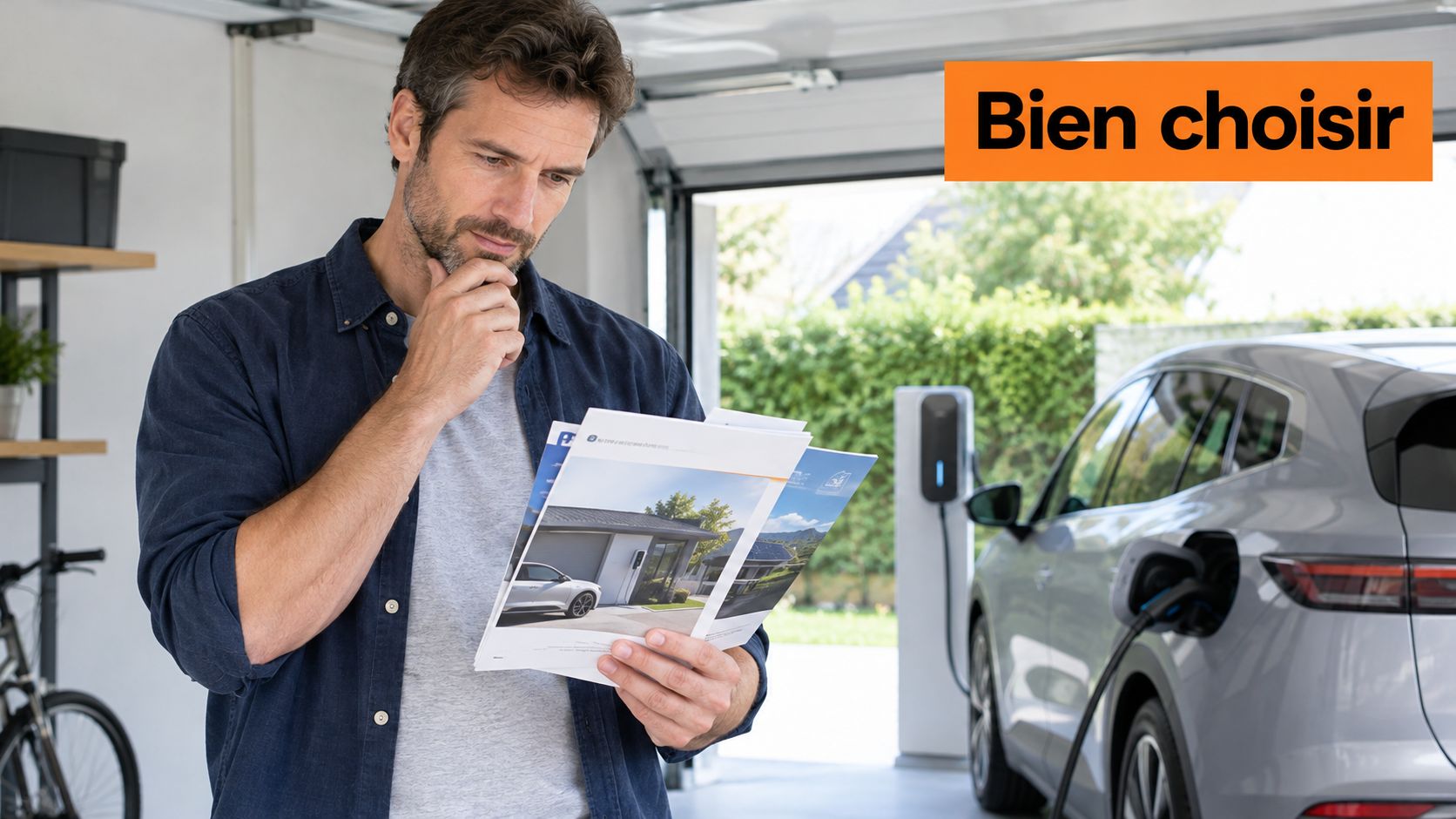 Un homme réfléchit en lisant une brochure sur l'installation d'une borne de recharge pour voiture électrique à domicile.