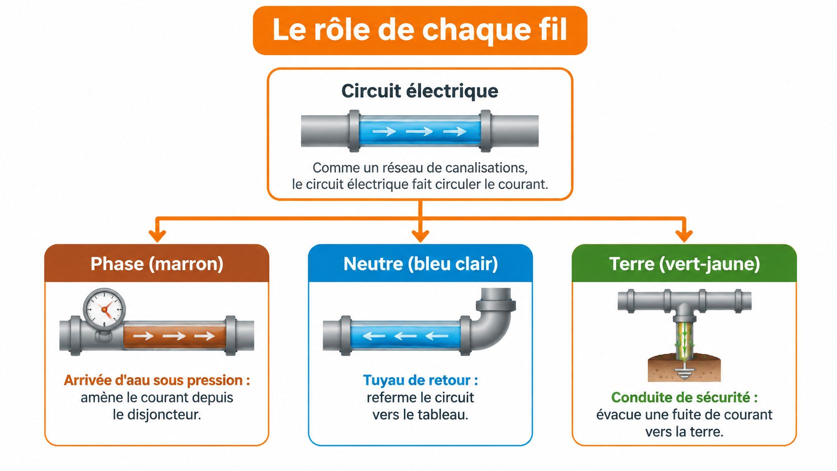Schéma illustrant le rôle des fils électriques (phase, neutre, terre) comparé à un circuit de canalisations d'eau.