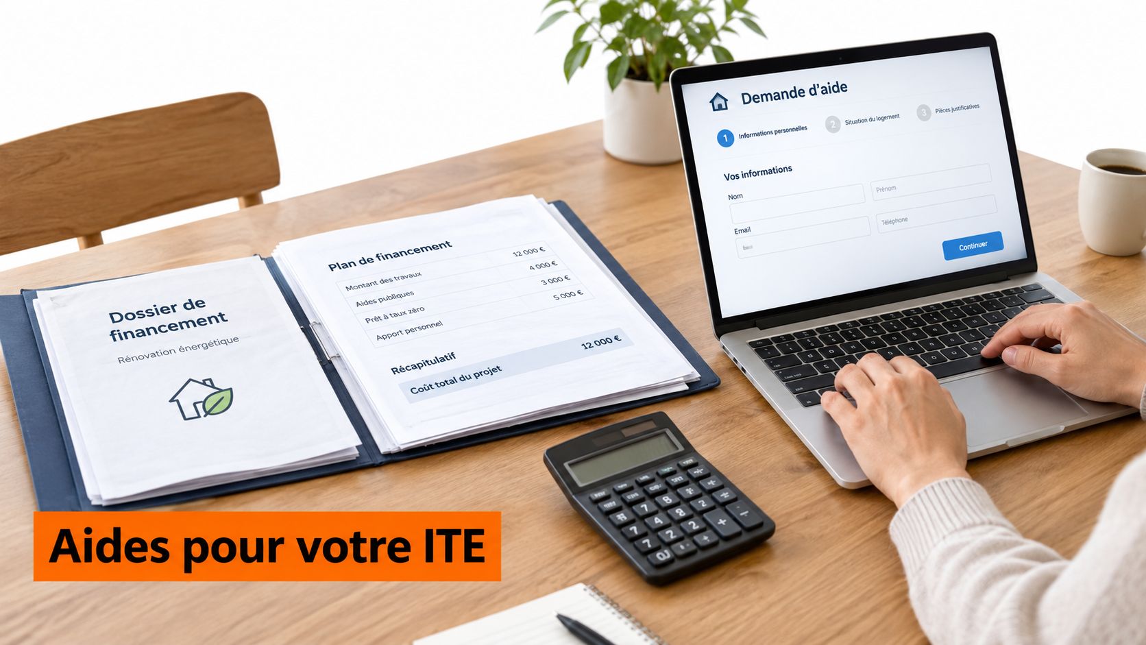 Une personne utilisant un ordinateur portable pour préparer un dossier de financement pour une isolation thermique extérieure.