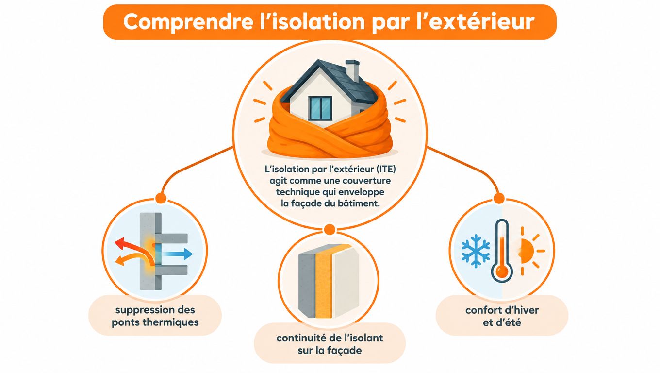 Schéma explicatif montrant les avantages de l'isolation thermique par l'extérieur d'un bâtiment résidentiel.