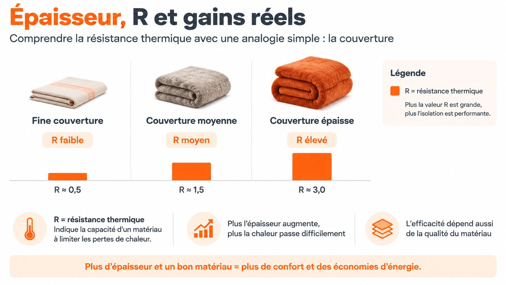 Une infographie illustrant la relation entre l'épaisseur d'une couverture et sa résistance thermique, notée par la valeur R.