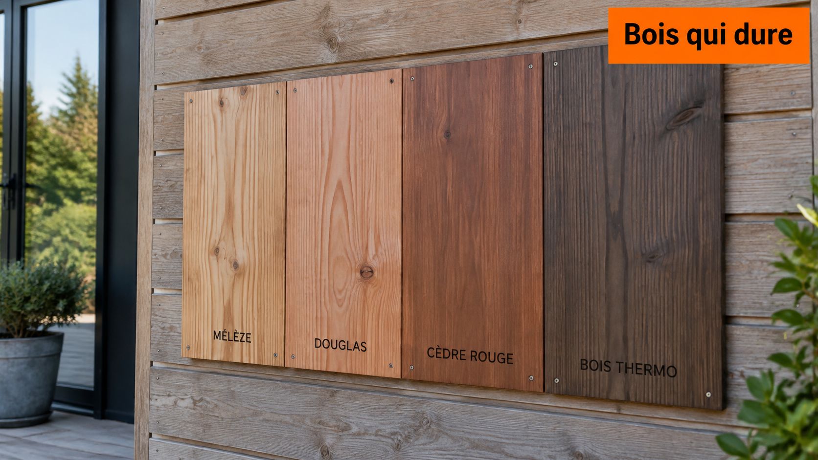 Quatre échantillons de différents types de bois utilisés pour le bardage extérieur, montrés sur un mur.