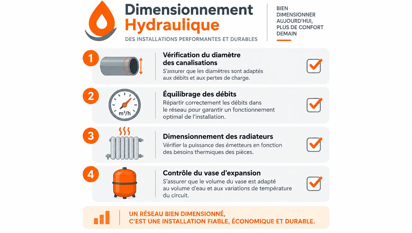 Infographie illustrant les quatre étapes essentielles pour le dimensionnement hydraulique d'un système de chauffage performant.