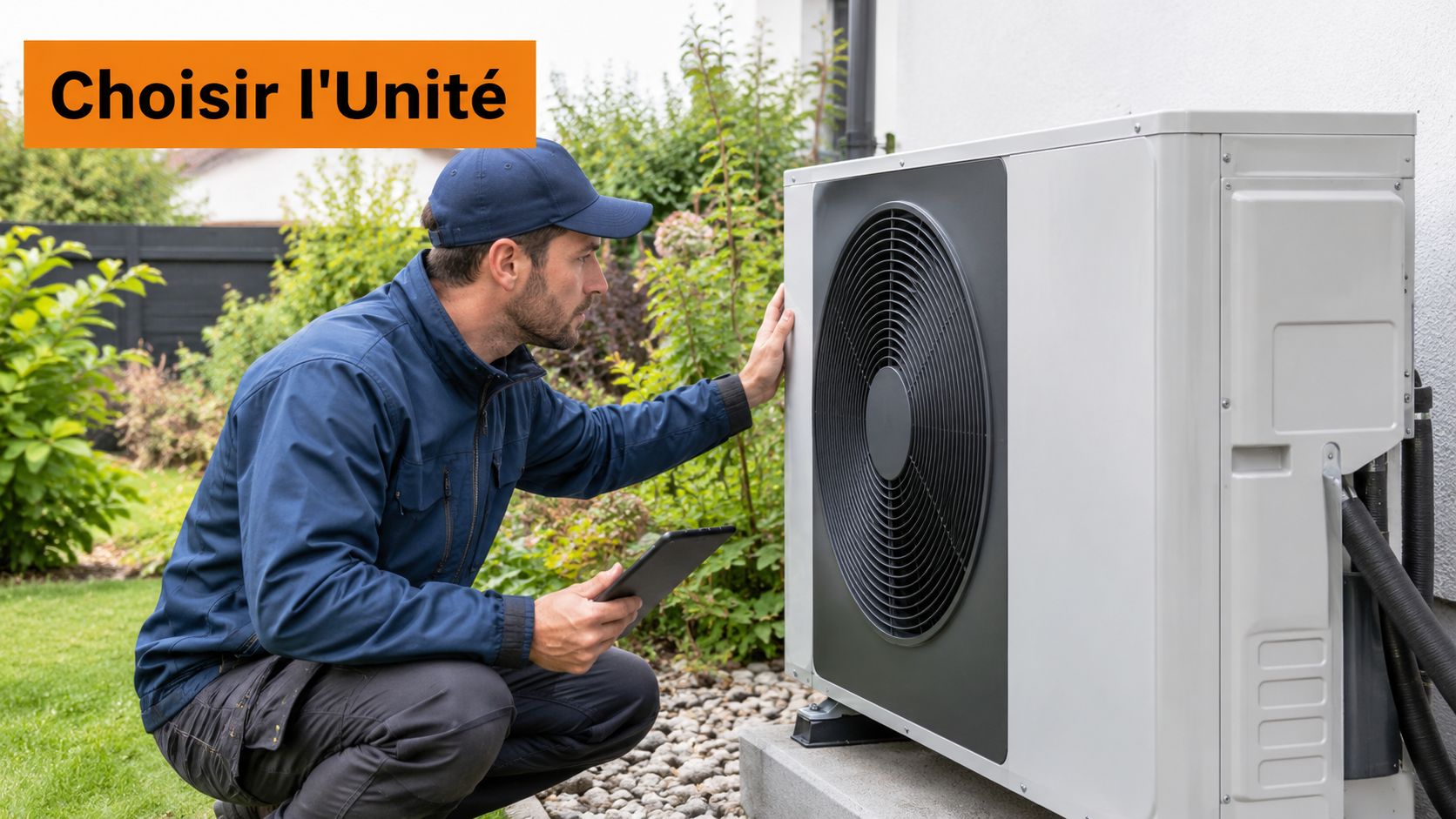 Un technicien expert en chauffage inspecte une pompe à chaleur extérieure avec une tablette pour son installation.