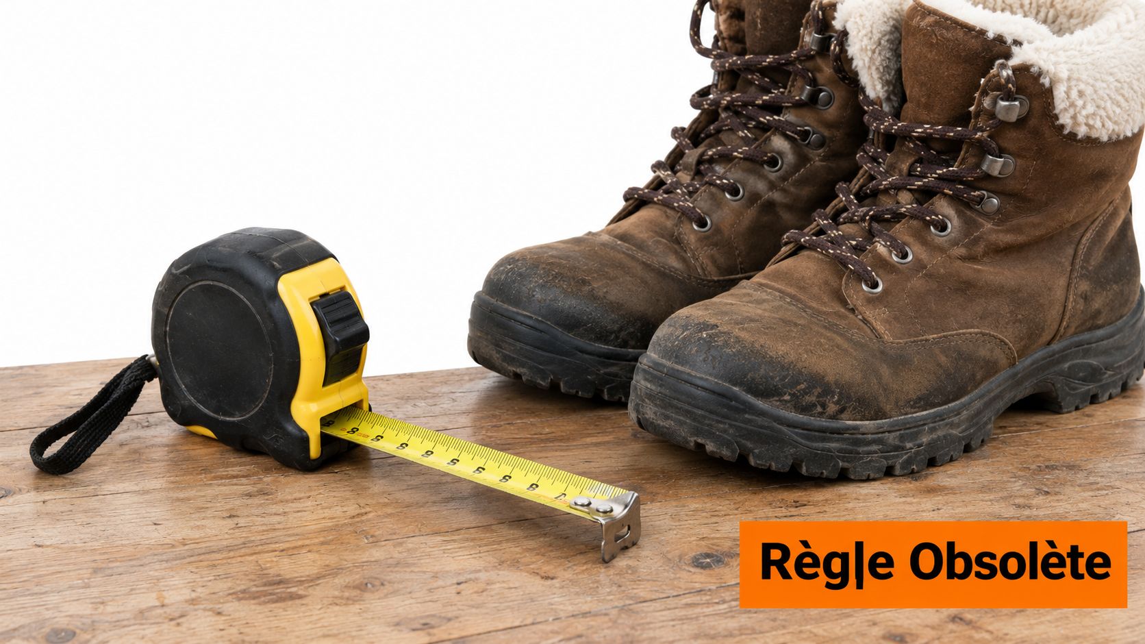Une paire de bottes d'hiver en cuir posée sur un sol en bois à côté d'un mètre ruban.
