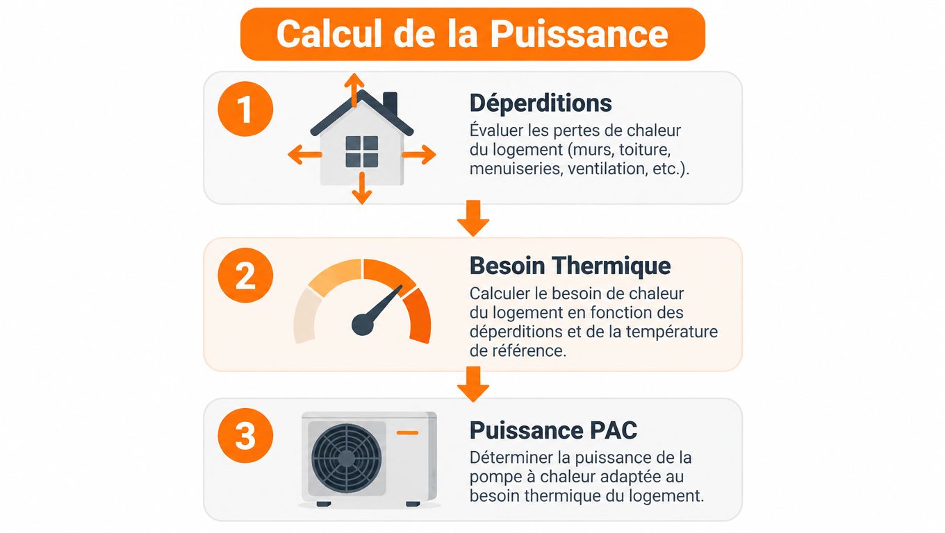 Schéma explicatif des trois étapes nécessaires pour calculer la puissance d'une pompe à chaleur pour un logement.