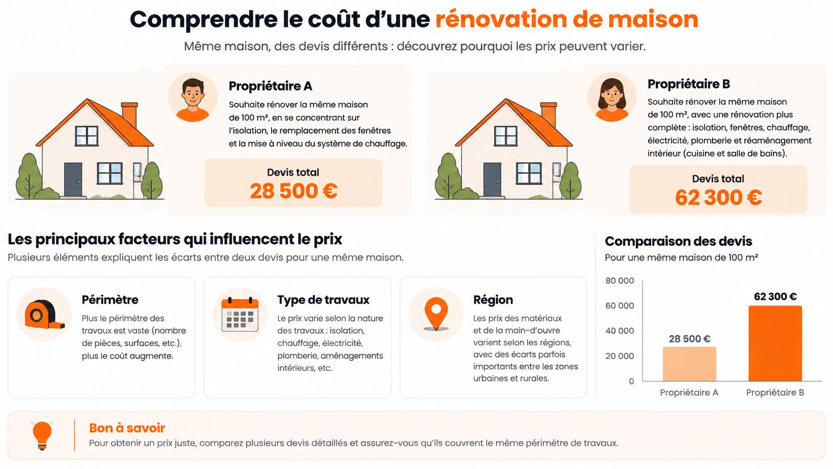 Infographie comparant les coûts de rénovation d'une maison de 100 m² selon l'ampleur des travaux prévus.