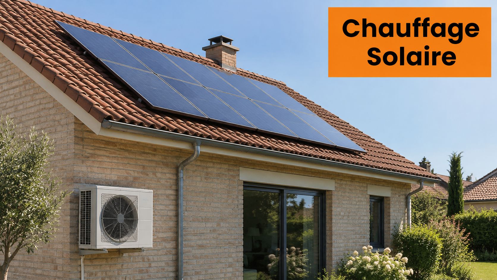 Maison en briques avec panneaux solaires sur le toit et une pompe à chaleur murale extérieure.